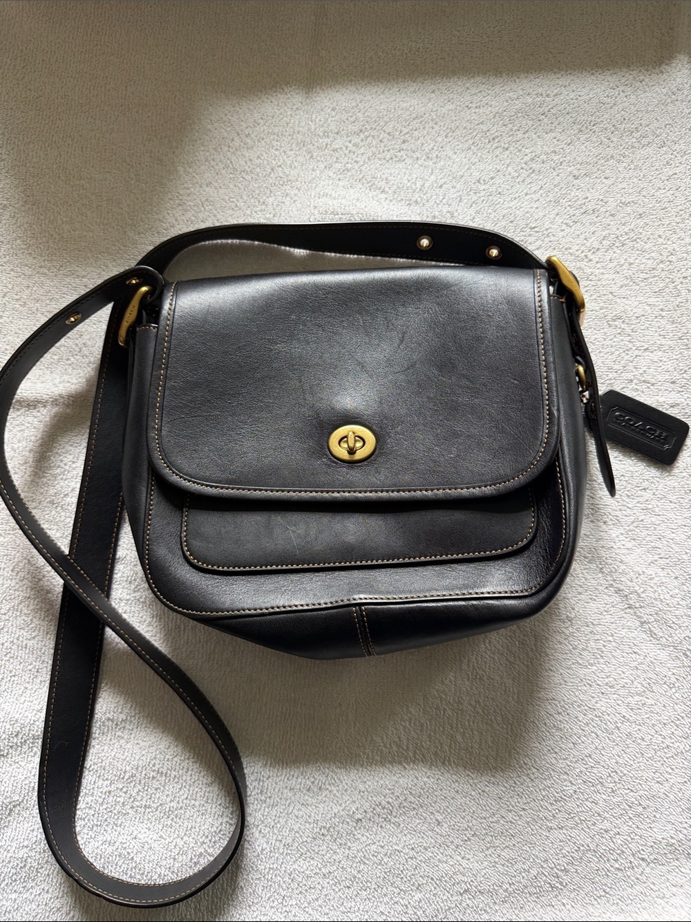 Coach Black Leather Crossbody with Gold-Tone Turnlock